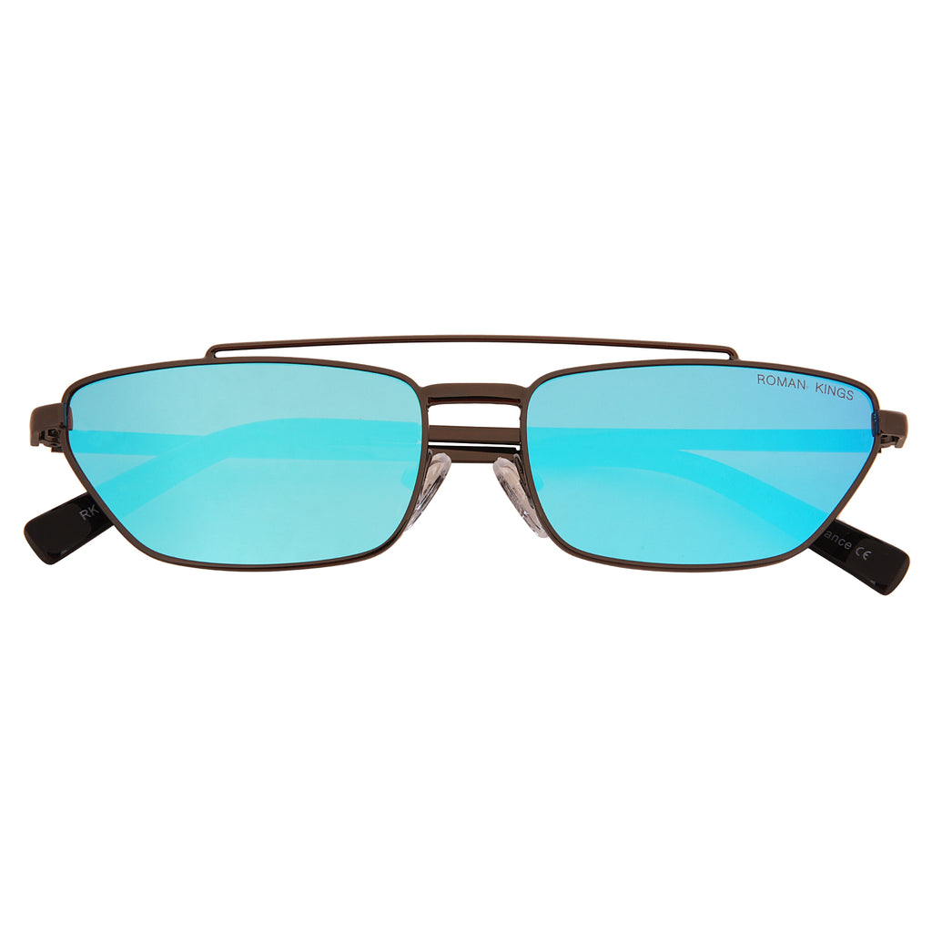 Trapezoid Black Frame Aqua Mirror Sunglasses